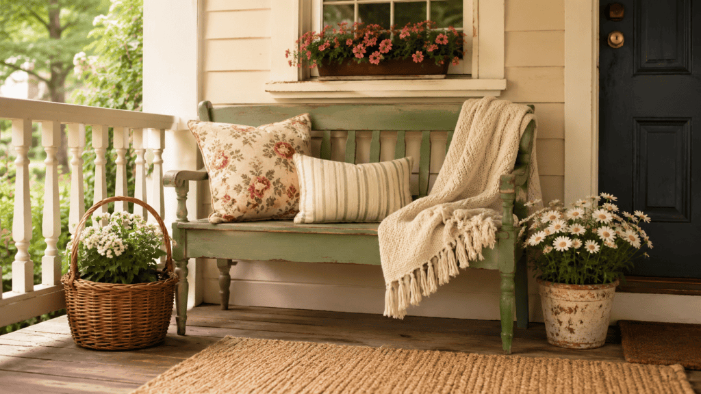 featuring a vintage bench with soft pillows, a folded throw, and simple flowers on a cozy cottage entrance to the house.