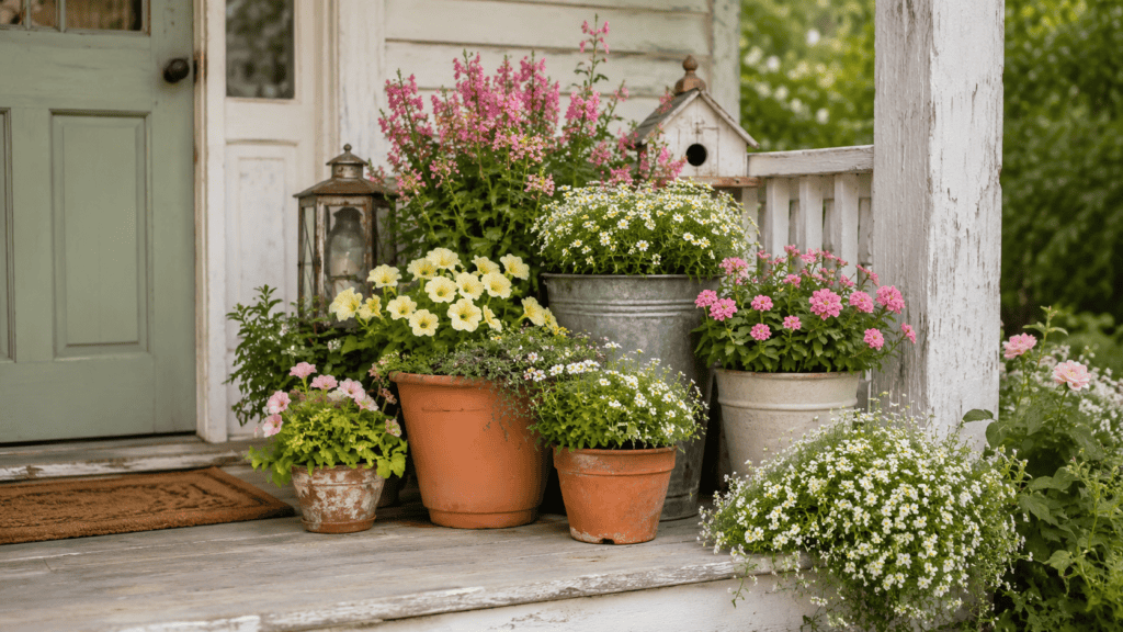 Small porch ideas with cottage-style planters, terracotta pots, soft flowers, and a charming vintage porch entry.