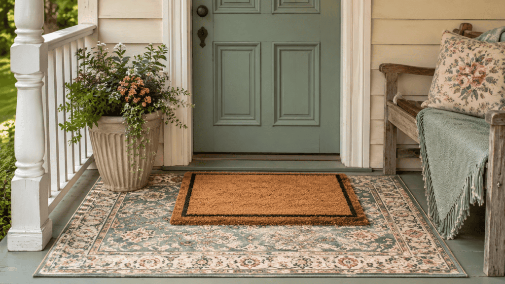 Small porch ideas with a layered outdoor rug and doormat, pretty front door, and simple cottage-style decor.