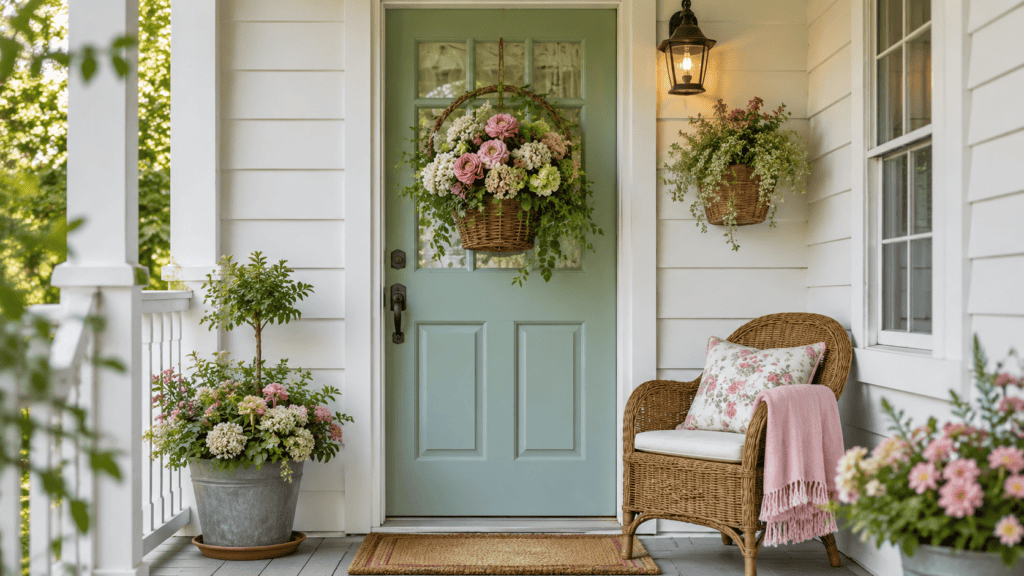 Small porch ideas with a floral wreath on a painted front door, a small planter, and cozy vintage cottage charm.