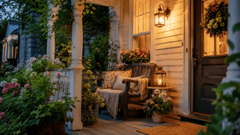 Small porch ideas with warm evening lighting, a glowing lantern, planters, and cozy vintage porch seating.
