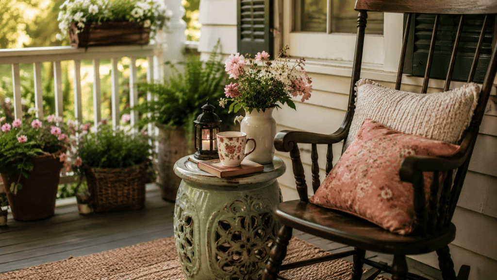 a tiny side table, pretty mug, flowers, and a cozy chair on a vintage-style porch.