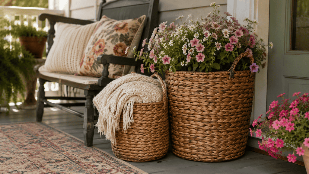 woven baskets, soft flowers, and cozy cottage-style porch decor with vintage charm.