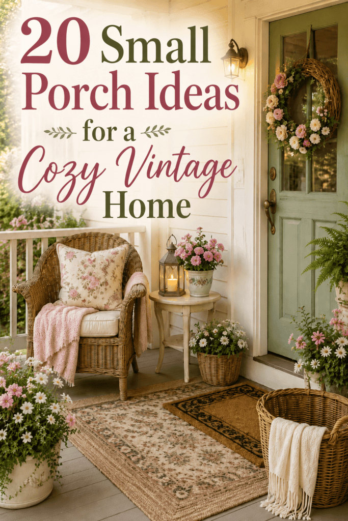 Cozy Vintage Home pin with a warm cottage entrance, floral wreath, wicker chair, layered rug, lantern, and cozy vintage details.
