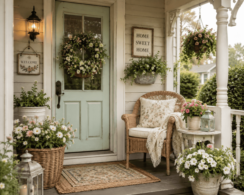 Entrance ideas with a cozy vintage cottage porch, wicker chair, floral wreath, potted flowers, and soft cottage-style details.