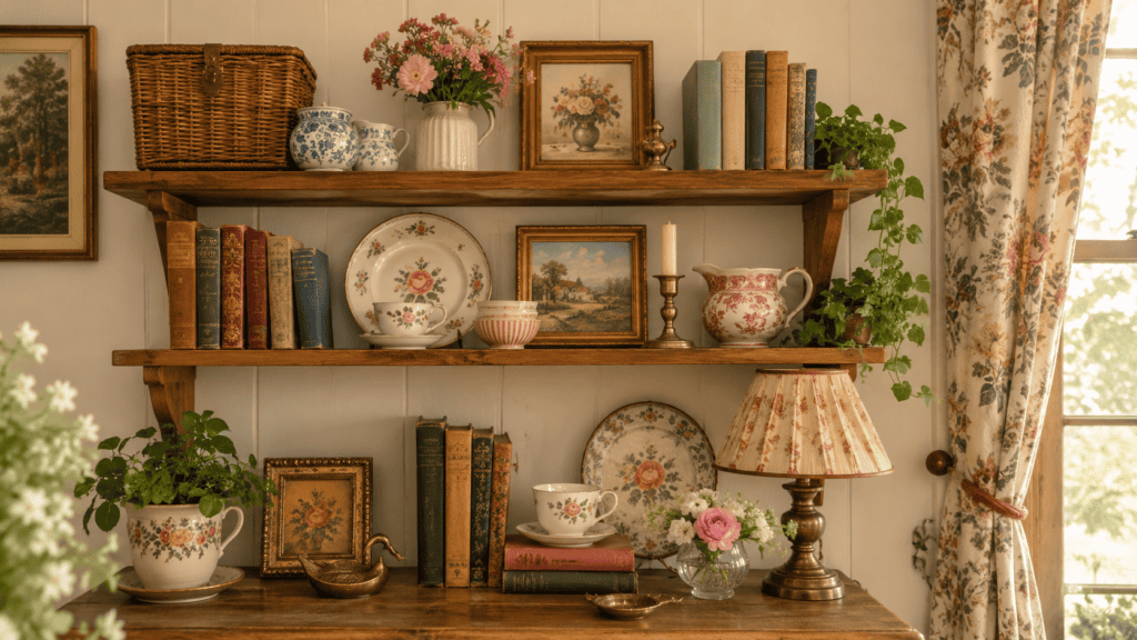 Cottage shelf decor ideas with wooden wall shelves styled with vintage books, floral dishes, framed art, flowers, and cozy collected cottage charm.