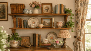 Cottage shelf decor ideas with wooden wall shelves styled with vintage books, floral dishes, framed art, flowers, and cozy collected cottage charm.