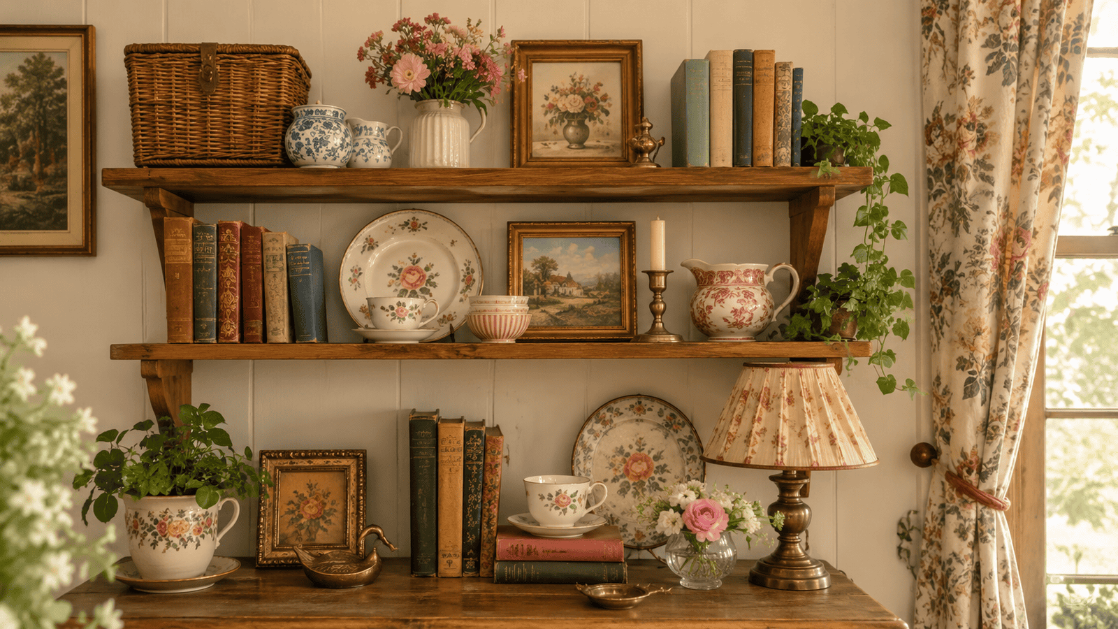 Cottage shelf decor ideas with wooden wall shelves styled with vintage books, floral dishes, framed art, flowers, and cozy collected cottage charm.