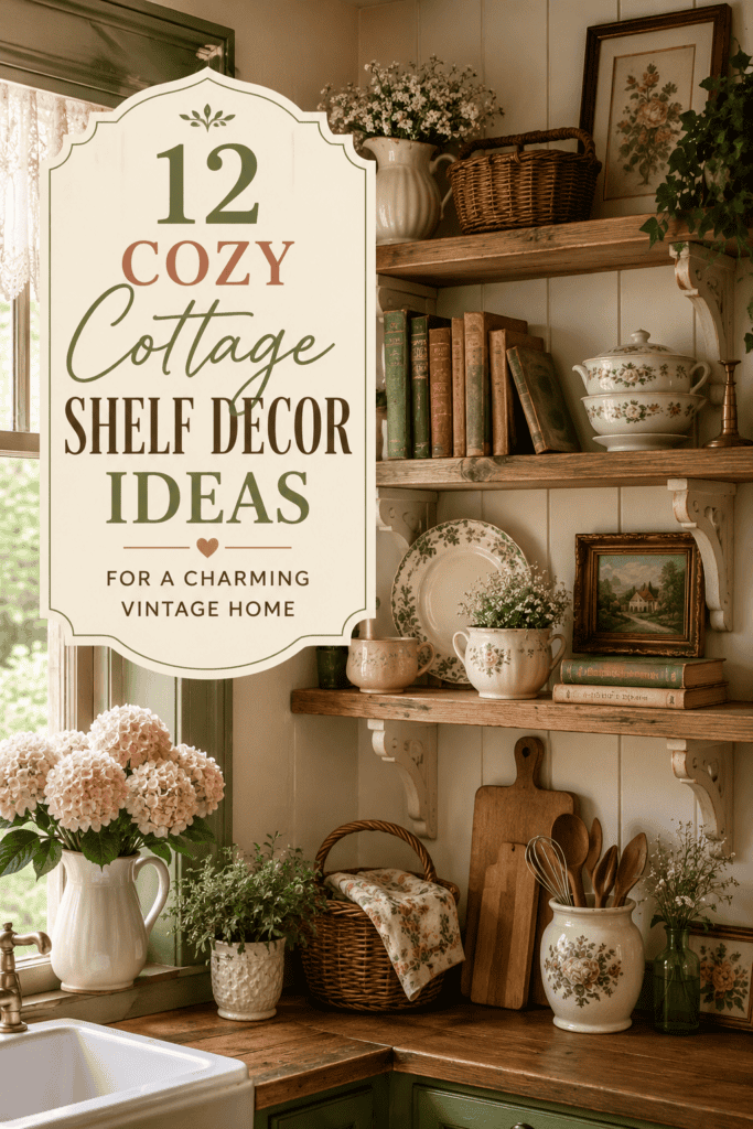 ideas pin with cozy vintage kitchen shelves, books, baskets, floral dishes, and warm cottage style.