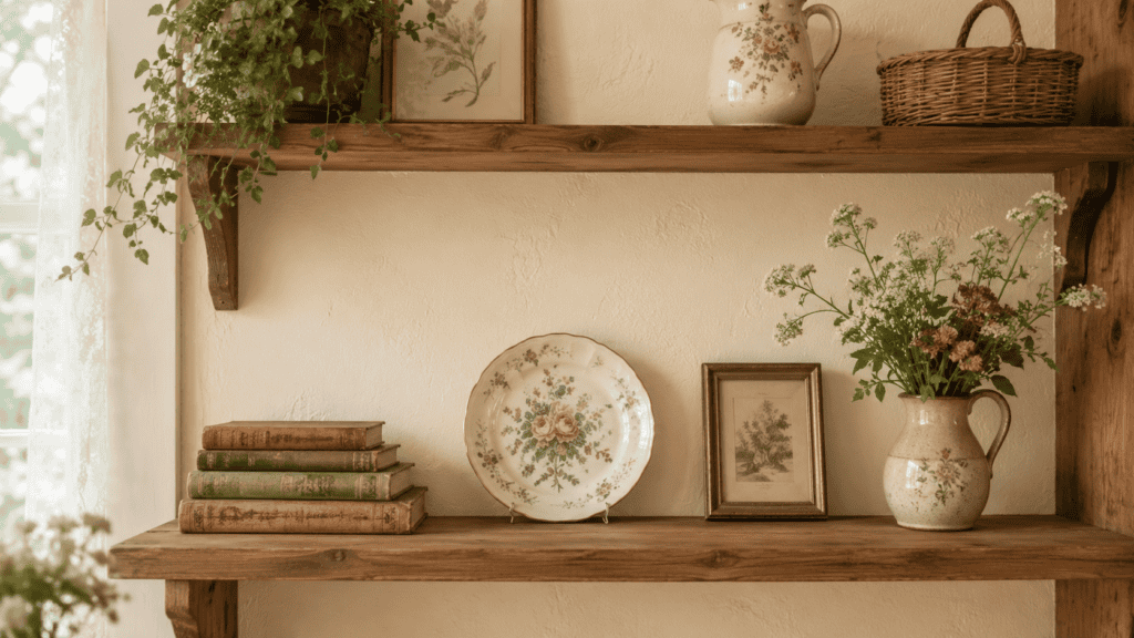open space between vintage books, a floral plate, framed art, ceramics, and a small basket.