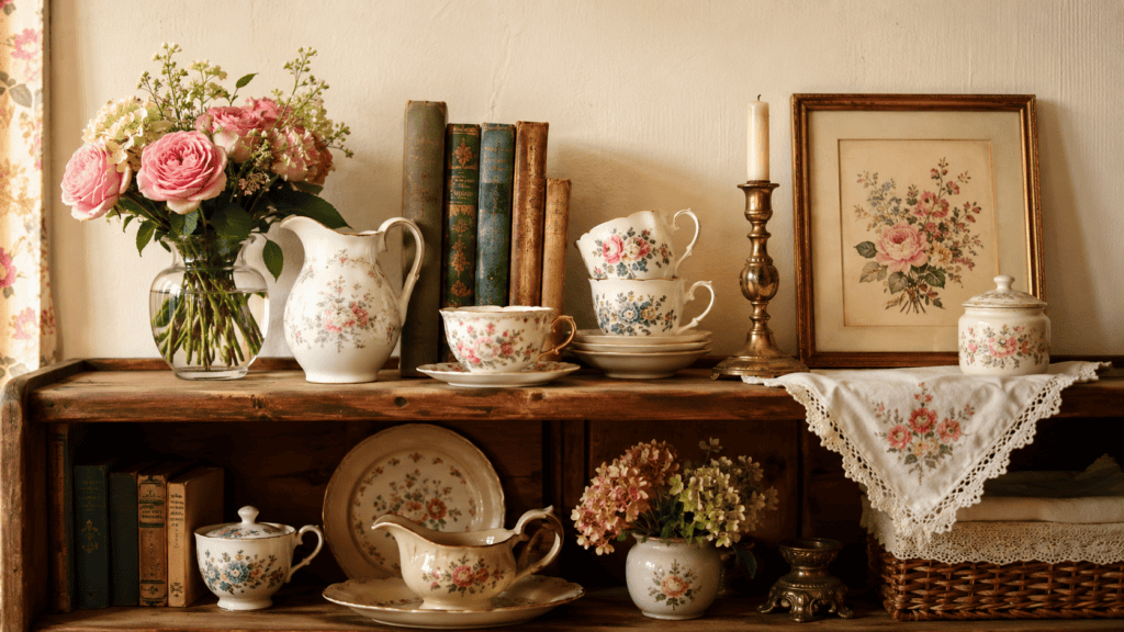 floral teacups, vintage books, embroidered linen, brass candleholder, framed flowers, and a small vase.