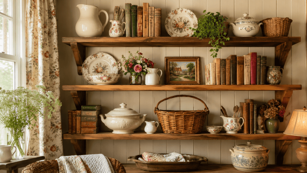 vintage books, floral dishes, woven basket, framed art, flowers, cream ceramics, and warm wood shelves.