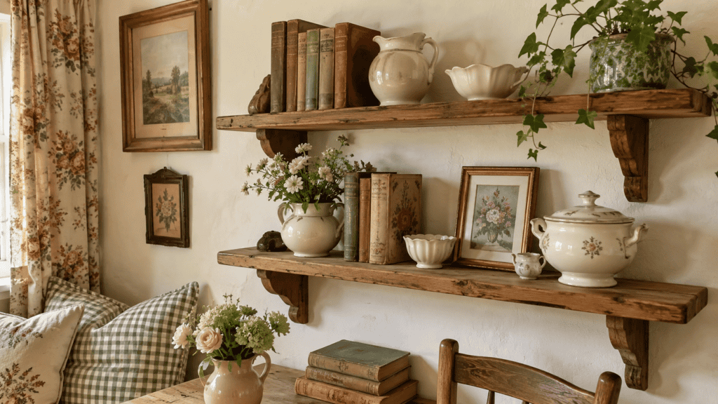 Warm wood cottage shelves styled with vintage books, cream ceramics, framed floral art, flowers, and cozy cottage shelf decor.