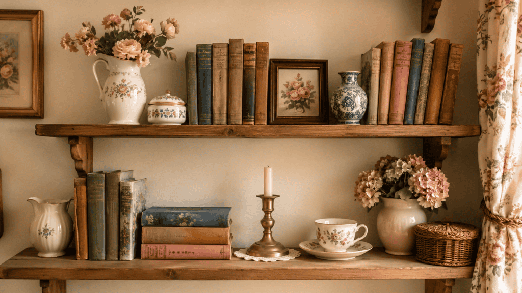 Cottage shelves styled with vintage books, a floral teacup, ceramic vase, framed art, and charming decorative pieces.