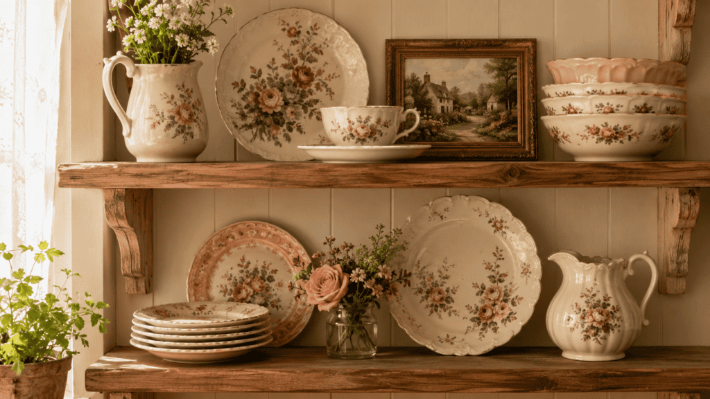 Cottage shelf decor with floral dishes, vintage plates, teacups, bowls, flowers, and warm old-fashioned charm.