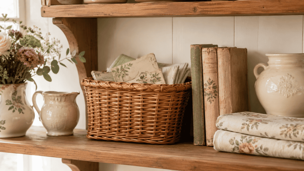 Cottage shelf decor with one woven basket, vintage books, cream ceramics, folded floral linen, and a small vase of flowers.