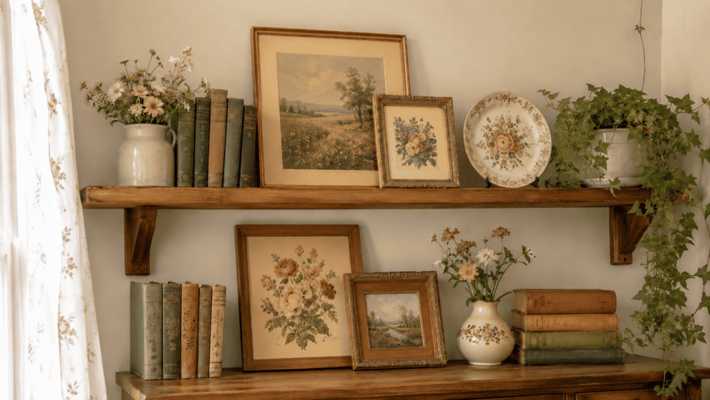 Cottage shelves layered with small framed floral art, vintage books, a floral dish, ceramics, and cozy collected decor.