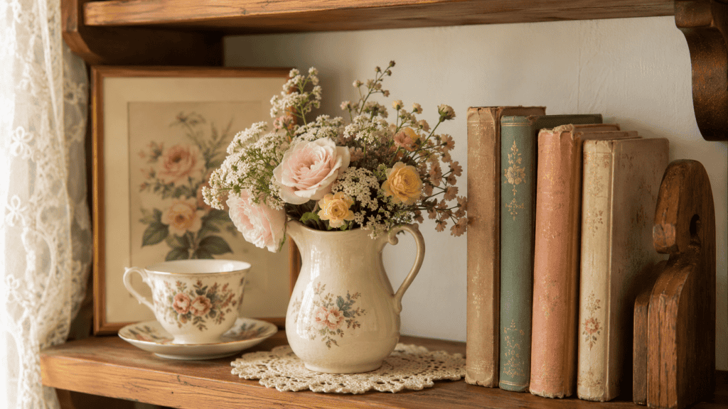 a small vase of flowers, vintage books, floral teacup, framed print, and warm wooden ledge.