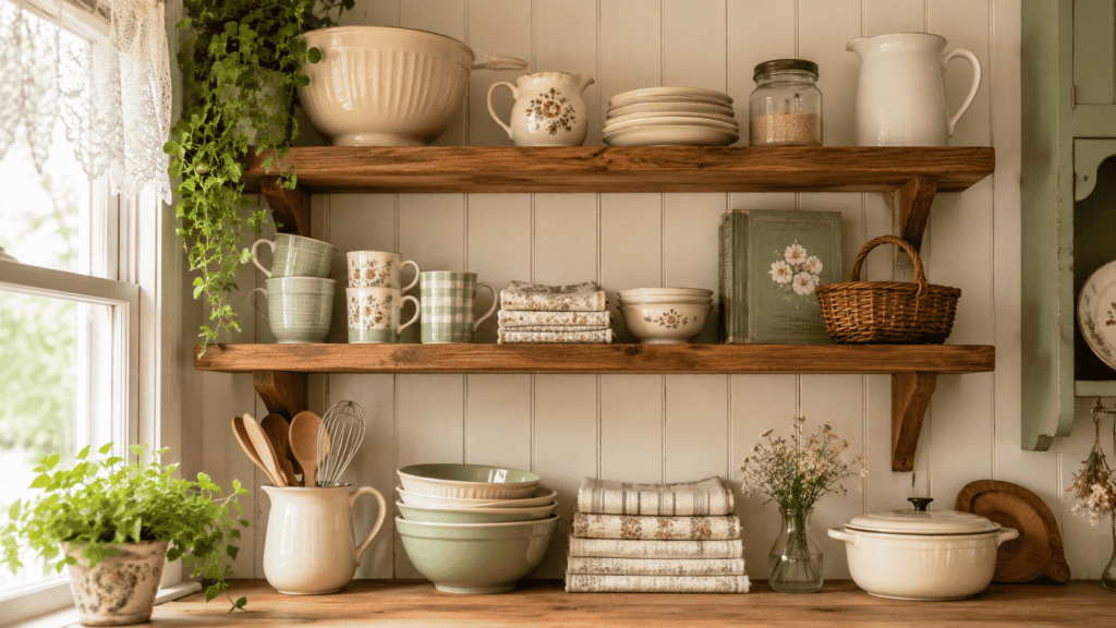 styled with mugs, bowls, folded linens, a glass jar, basket, flowers, and cozy everyday charm.