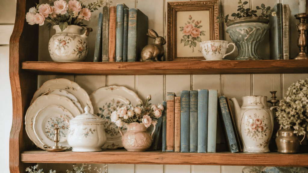 cream dishes, dusty blue books, blush flowers, muted green accents, brass details, and warm wood.