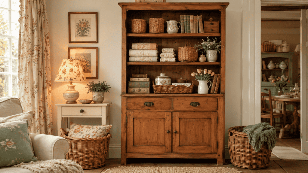 Cozy cottage storage ideas with a vintage wooden hutch, woven baskets, folded linens, books, and warm cottage decor