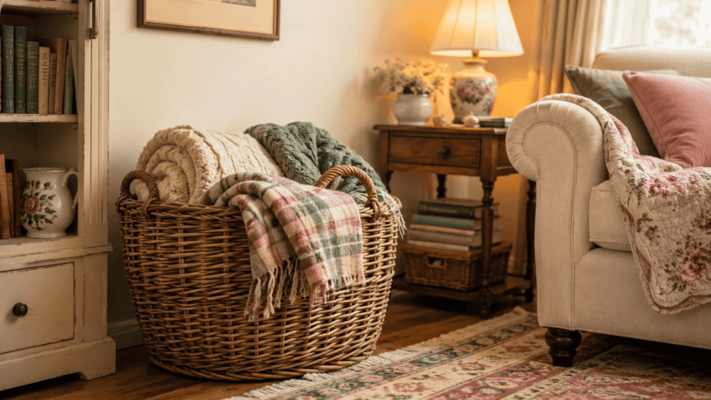 a large woven basket filled with throw blankets beside a soft chair and warm lamp