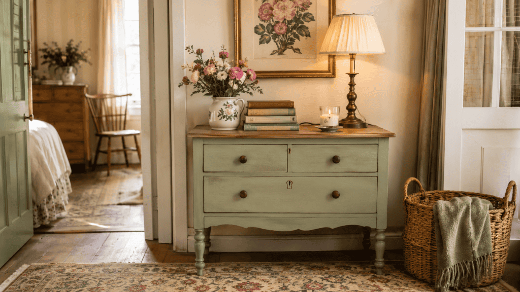a painted vintage dresser, woven basket, flowers, stacked books, lamp, and floral wall art