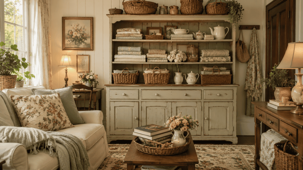 a finished room with a vintage hutch, woven baskets, folded linens, books, flowers, and warm cottage decor
