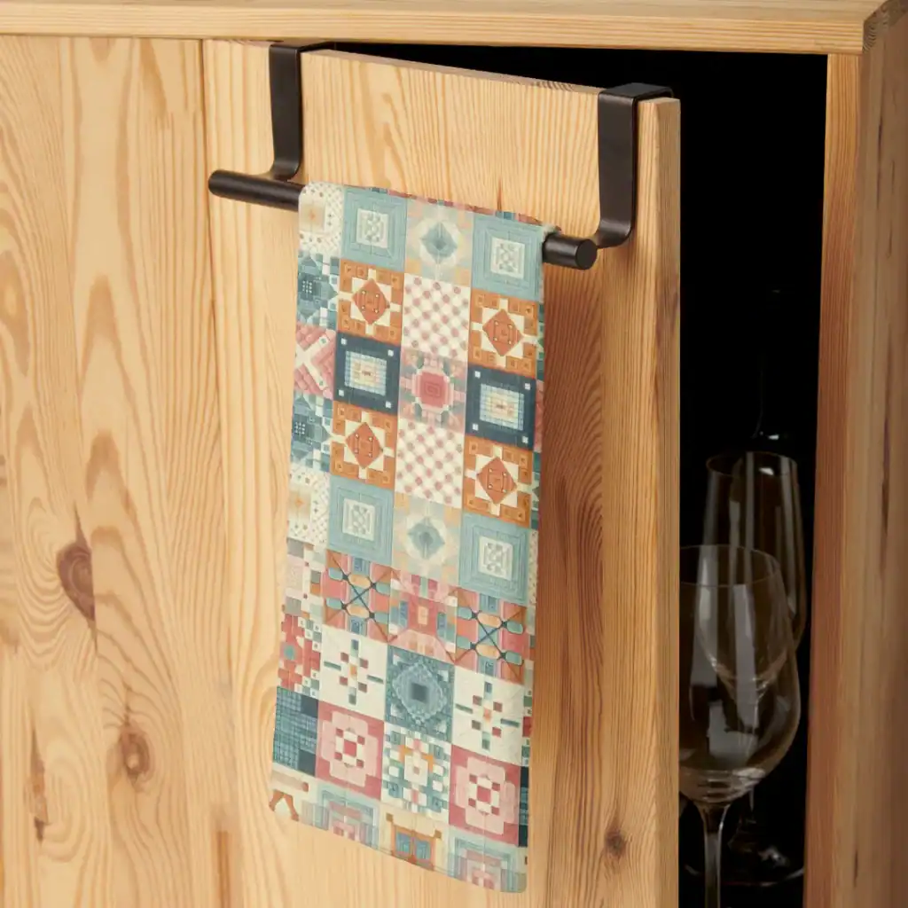 a blonde colored wooden cabinet featuring accenting with a vintage looking hand towel.