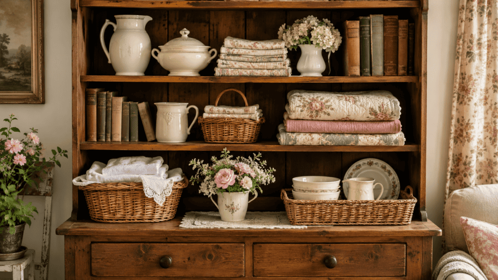 Cozy cottage storage ideas with a vintage wooden hutch, folded linens, woven baskets, cream ceramics, books, and flowers