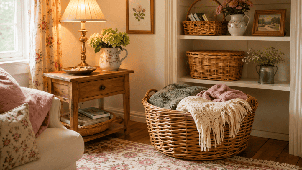 Cozy cottage storage ideas using woven baskets, folded blankets, open shelves, a warm lamp, and vintage cottage decor