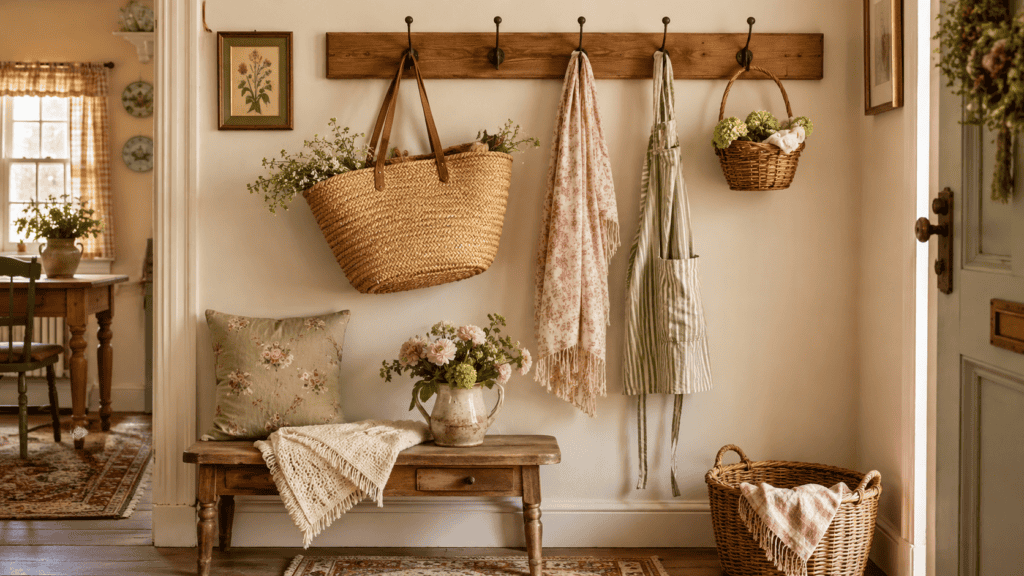 Cozy cottage storage ideas with a wooden peg rail, woven bag, apron, scarf, hanging basket, and entryway bench