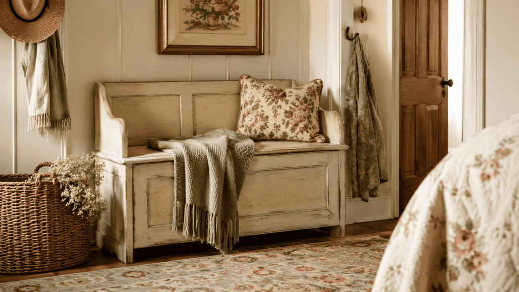 Cozy cottage storage ideas with a vintage storage bench, floral pillow, folded throw, woven basket, and patterned rug