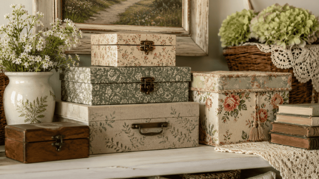 Cozy cottage storage ideas with floral storage boxes, a small wooden box, vintage books, flowers, and cottage decor