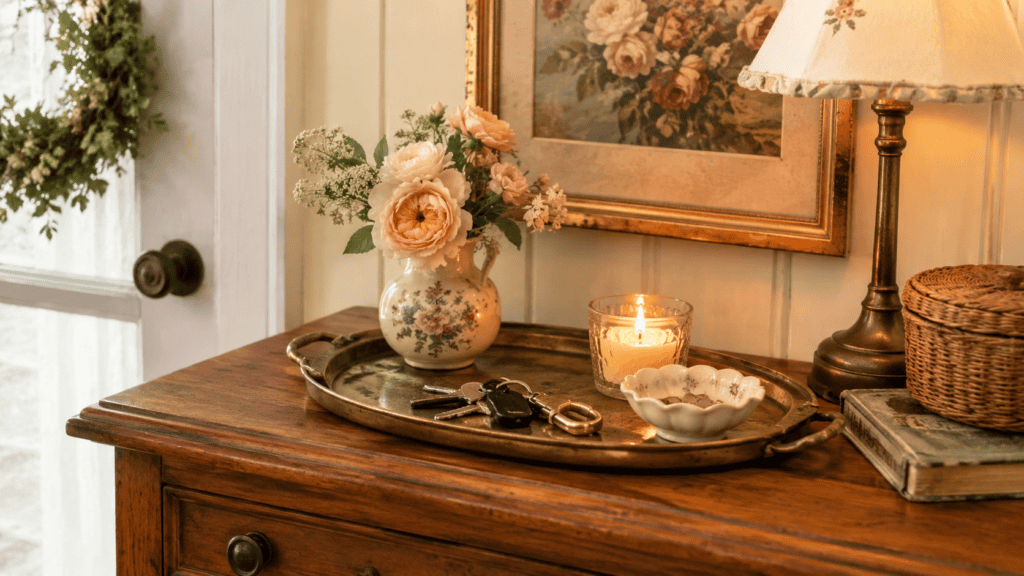 Cozy cottage storage ideas with a brass tray holding keys, a candle, a small dish, flowers, and vintage decor