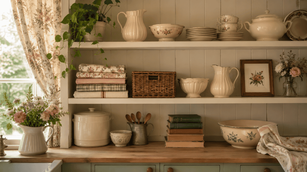 open shelves, woven basket, folded linens, cream ceramics, vintage books, and floral art