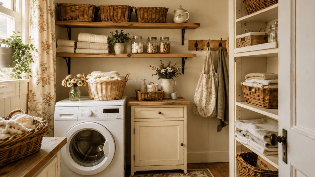 laundry room with open shelves, woven baskets, folded towels, jars, hooks, and flowers
