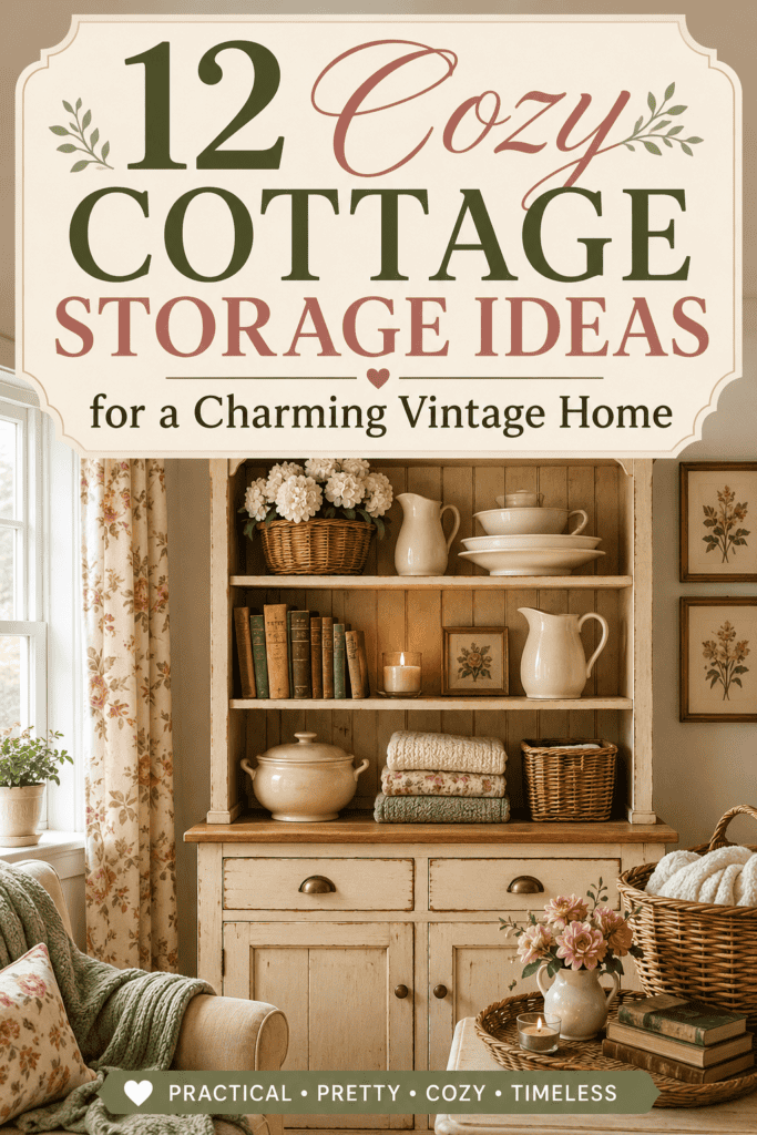 Pinterest pin for cozy cottage storage ideas with a vintage hutch, baskets, folded linens, books, ceramics, and cottage decor