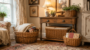 Cozy cottage basket ideas in a warm vintage-inspired room with woven baskets holding blankets, books, and storage under a rustic console table