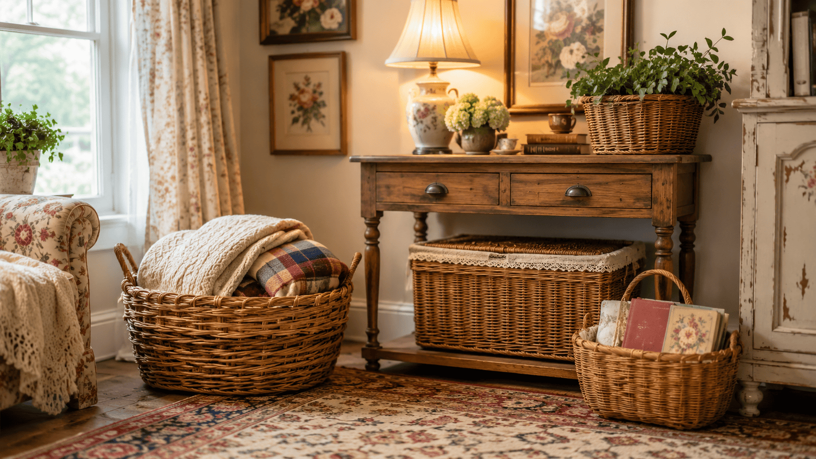 Cozy cottage basket ideas in a warm vintage-inspired room with woven baskets holding blankets, books, and storage under a rustic console table