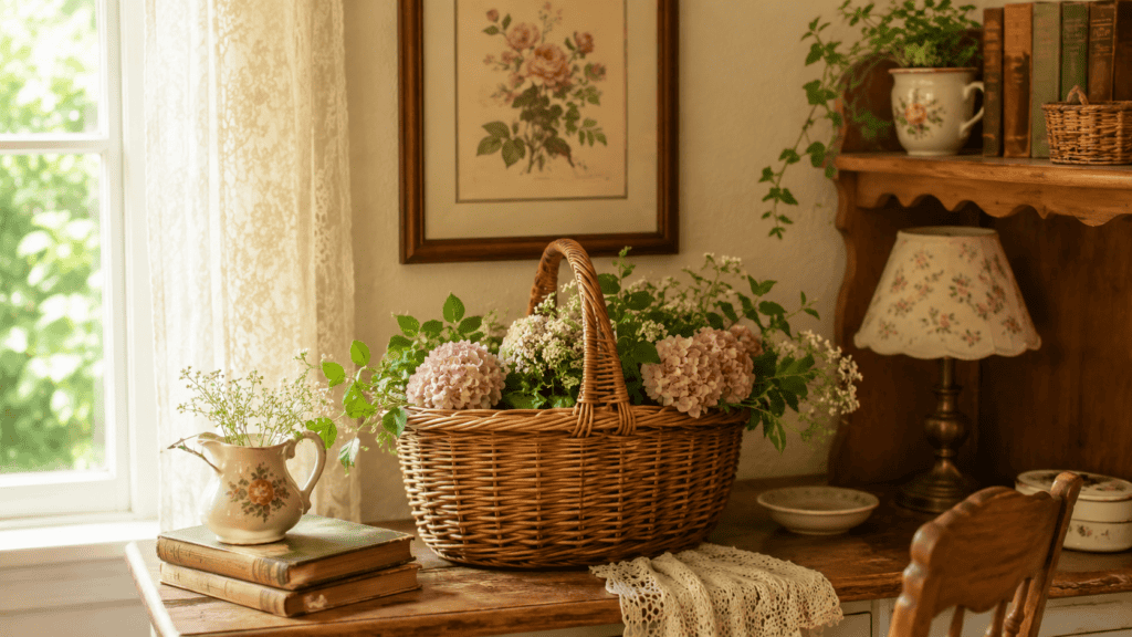 Decorative woven basket filled with soft flowers and greenery in a cozy cottage corner