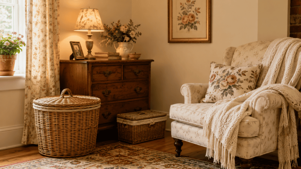 Cozy cottage room with lidded woven baskets used for pretty hidden storage