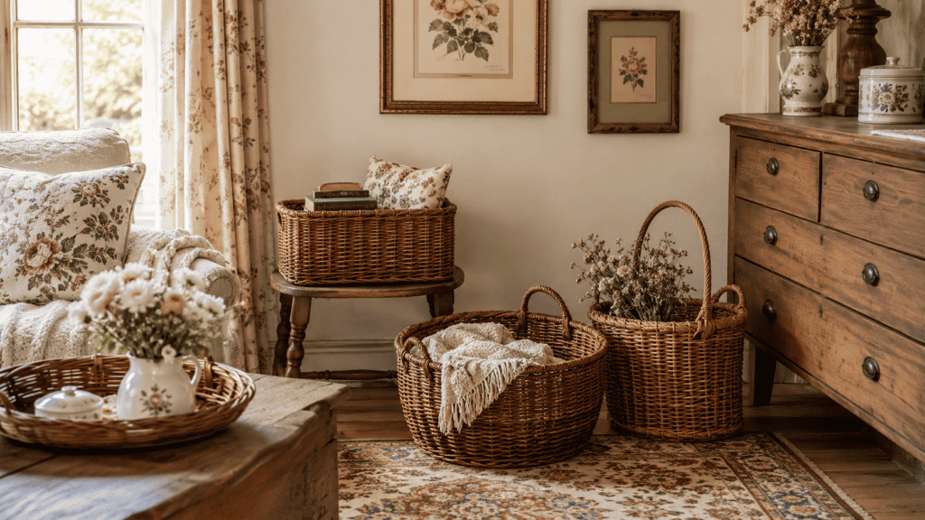 round, rectangular, and handled woven bins styled together