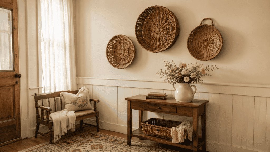 wicker plates used as simple vintage-inspired wall decor