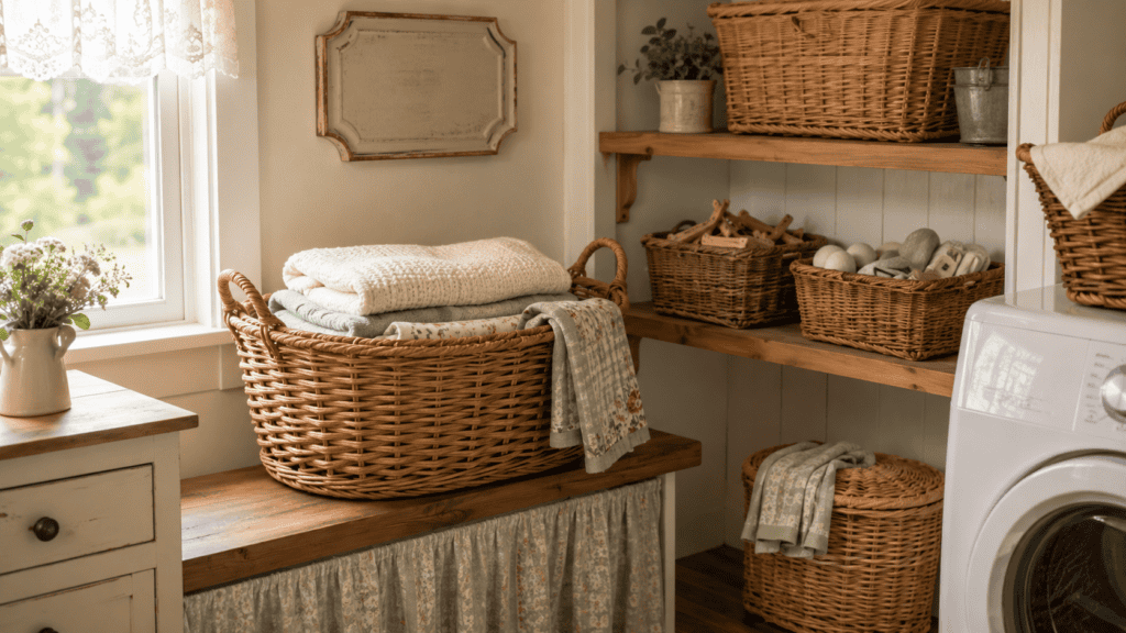 woven bins holding folded laundry and small laundry supplies