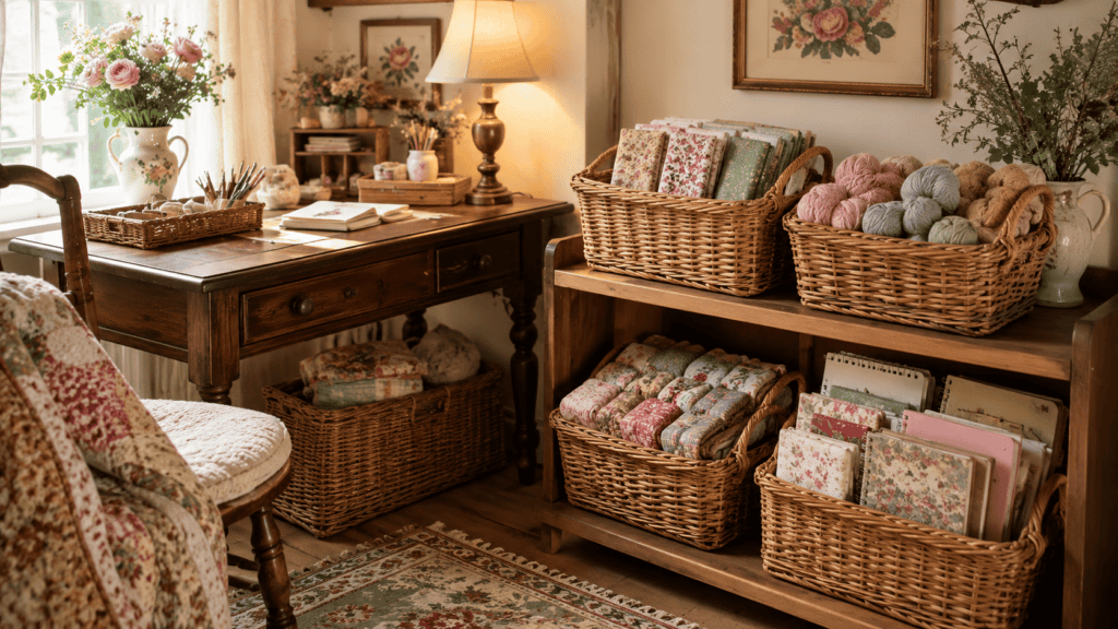 craft nook with woven bins holding yarn, fabric, notebooks, and hobby supplies