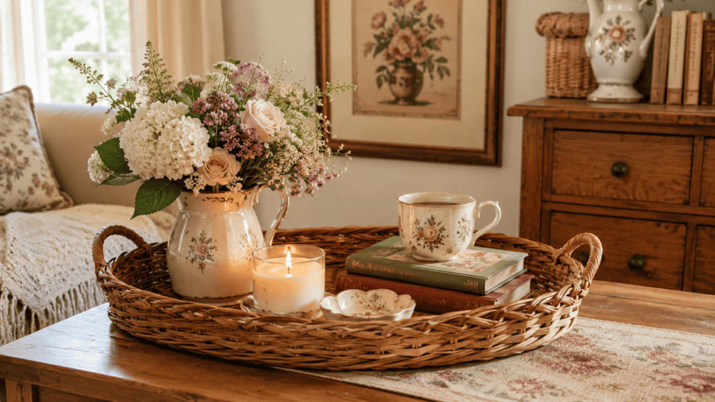 tray styled with flowers, a candle, books, and a pretty mug in a cozy cottage room