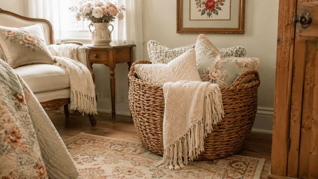 bins holding extra pillows and a folded throw in a cozy cottage bedroom corner