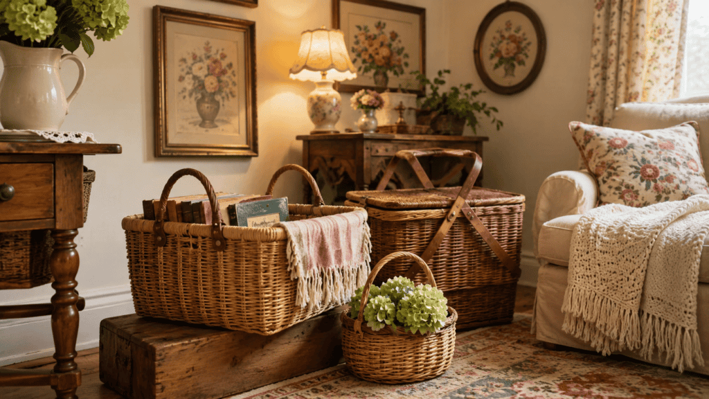 collection with a market basket, picnic basket, and small handled container