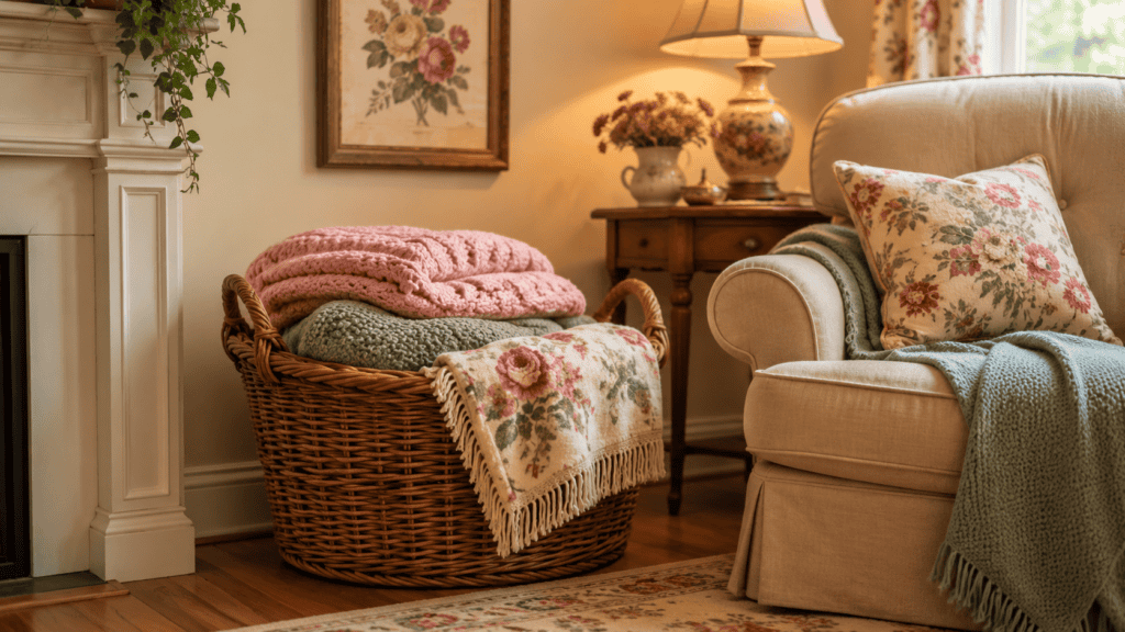 Cozy cottage basket ideas with a large woven basket filled with folded blankets beside a vintage armchair